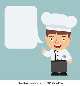 Chef with speech bubble in cartoon style. Smiling cook says.