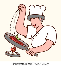 Chef sprinkles salt on food. Flat design modern vector illustration concept