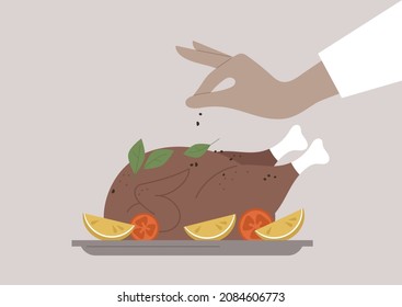 A chef sprinkling spices on a baked chicken served with vegetables and herbs
