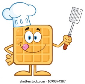 Chef Square Waffle Cartoon Mascot Character Holding A Slotted Spatula. Vector Illustration Isolated On White Background