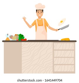 Chef stand by table, person work alone in kitchen at home or restaurant. Man cutting fresh vegetables and eggs by knife. Kitchenware, cutlery and products on desk. Vector illustration of cooking