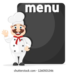 The chef is standing by the black Board for the menu.