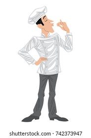 Chef standing, wearing uniform and gesturing.