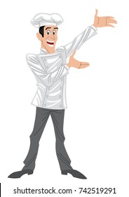 Chef standing, wearing uniform, smiling and gesturing.