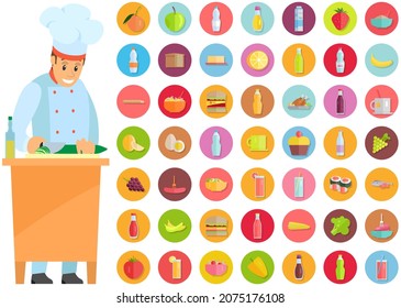 Chef stands with cutting board and knife. Smiling man in apron preparing dessert food, products icons. Confectioner whips ingredients for dish. Chef works with kitchen equipment to prepare food