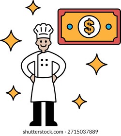 Un chef frente a un billete de 20 dólares. El chef sonríe y está orgulloso de su trabajo. Concepto de logro y satisfacción, ya que es probable que el chef esté contento con sus ganancias