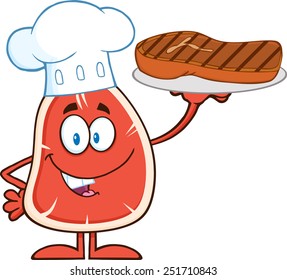 Chef Steak Cartoon Mascot Character Holding Up A Platter With Grilled Steak. Vector Illustration Isolated On White