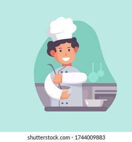 A chef is stirring the cake mixture. Cartoon cook chef illustration, restaurant cook chef hat and cook uniform, professions job, vector character restaurant staff flat design, food service