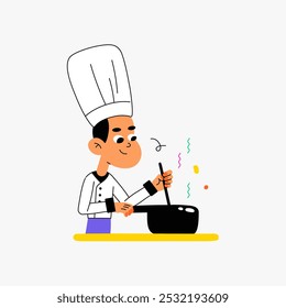 Chef Stirring A Pot In Flat Vector Illustration Symbolizing Cooking, Culinary Arts, And Professional Kitchen Work, Isolated On White Background