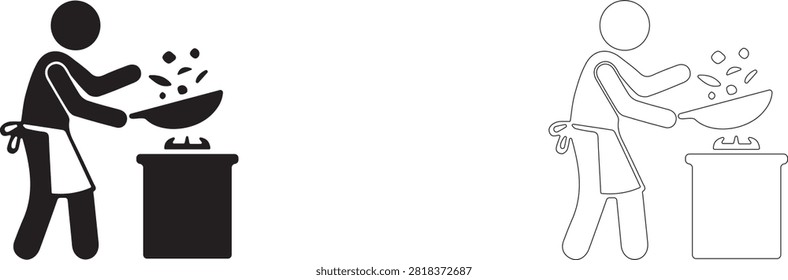 Chef at stove with wok vector icon filled and outline, cooking food in kitchen symbol.