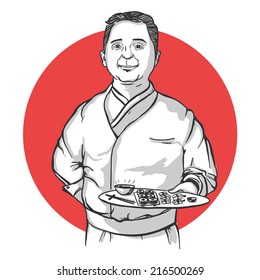 Chef with sushi. Japanese cuisine. Man with round dish. Sketch style vector illustration.