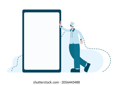 Chef with a tablet. Concept of a network of cafes, restaurants and catering. Online shopping, online ordering, recipes, everything related to the restaurant business. Vector.