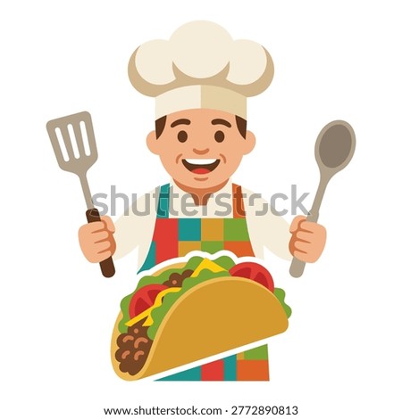 Chef with taco, spatula, spoon. Fiesta food celebration. Fun cartoon vector art.