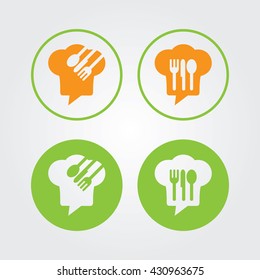 Chef Talk logo concept with chef hat icon. Logo for cooking, cafe communication and menu. Chef forum with chat speech bubble. Fork Spoon Knife Icon Set. Food Talk .