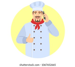 Chef talking on the mobile phone and showing thumb up.  Portrait of Chef in a flat style. Vector illustration. 