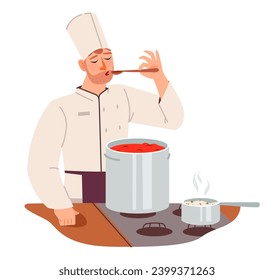 El chef sabe la comida. El cocinero está preparando sopa en el restaurante.Ilustración vectorial plana