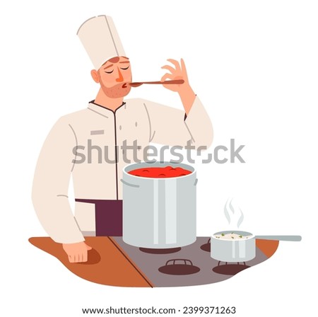 The chef tastes the food. The cook is preparing soup in the restaurant.Flat vector illustration