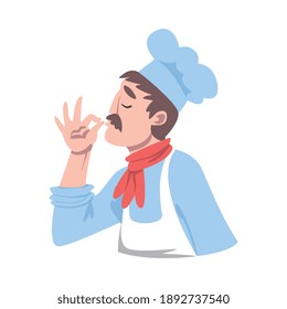Chef probando deliciosos platos, cocinando un personaje en el sombrero y cocinando en el vector de dibujos animados de la cocina Ilustración