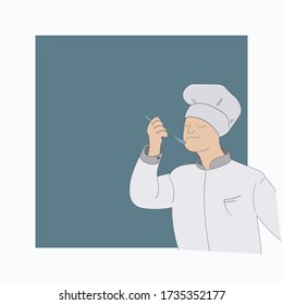 El chef está probando la comida. Fondo vectorial en un sencillo estilo plano con espacio de copia para su diseño.