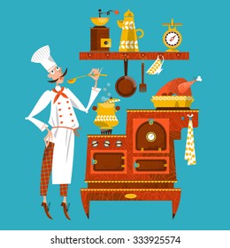 The chef is tasting soup in an old-fashioned kitchen. Vector illustration