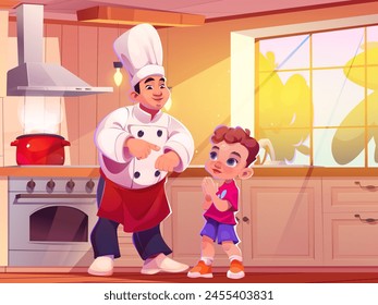 Chef que enseña a cocinar en la cocina. Ilustración de dibujos animados de Vector de un joven feliz con uniforme blanco, niño curioso que aprende a preparar la comida en casa, la comida hirviendo en la sartén en la cocina, la luz del sol en la ventana