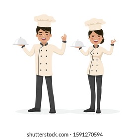 Chef team working. Man and woman. Vector illustration