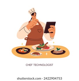 Chef tecnólogo, cocinero creando recetas, haciendo y revisando menú, platos de restaurante. Trabajador de cocina, profesional culinario controla las comidas. Ilustración vectorial plana aislada en fondo blanco