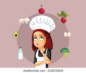 
Chef Thinking What to Cook Based on Ingredients Vector Cartoon. Experienced cook deciding for a recipe based on what she has at hand
