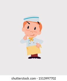 Chef thoughtful and happy. He is in positive attitude.