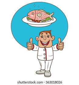 Chef  Thumb up Fish a Healthy Food  Vector Cartoon, vector illustration