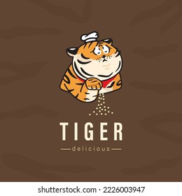Chef Tiger Cook with delicious cooking gestures.Logo chef Tiger mascot cartoon style illustration.
