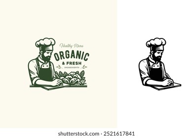 A Chef with Toque Hat Write a Menu Recipe Ingredients with Several Fresh Vegetables for Healthy Organic Vegan logo design