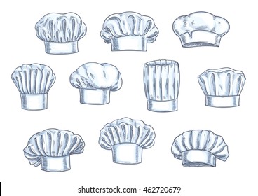 Chef toques, caps and hats. Different shapes and forms. Pencil sketch icons for restaurant, bakery, kitchen design