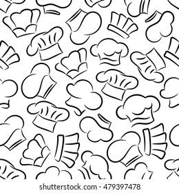 Chef toques, caps and hats. Seamless pattern background. Restaurant, cafe, bakery, kitchen tablecloth decoration wallpaper