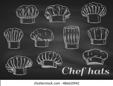 Chef toques, hats. Chalk sketch on blackboard. Cook caps icons of different shapes and forms for restaurant decoration, bakery elements, kitchen design