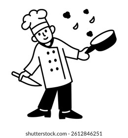 A chef tossing food illustration in hand drawn style 
