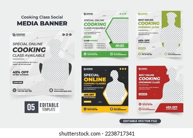 Chef training class social media post bundle for the restaurant. Cooking lesson promotional poster collection design for marketing. Cooking class discount template set with dark and yellow colors.