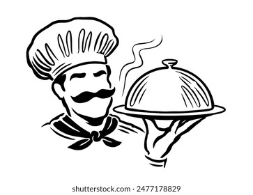 Chef with tray of food in hand emblem. Male cook logo, label decoration for restaurant or cafe menu design, vector illustration