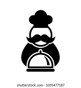 Chef with tray of food vector icon.