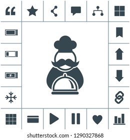 Chef with tray of food vector icon.