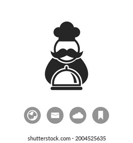 Chef with tray of food vector icon.