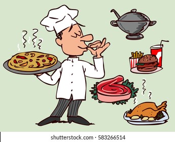 Chef with tray in hand and making the tasty gesture with his hand, with several dishes around him to be able to interchange them.