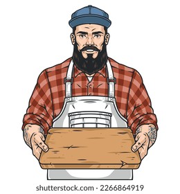 Chef with tray sticker colorful bearded man with empty board in hands to demonstrate dishes from cafe menu vector illustration