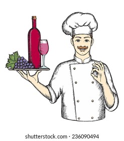 Chef with a tray of wine and grapes. The sketch vector illustration.