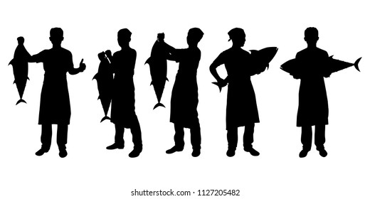 Chef with tuna fish silhouette vector set