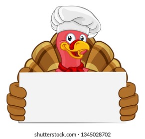 Chef Turkey Thanksgiving or Christmas bird animal cartoon character. Wearing a chefs hat and holding a background sign