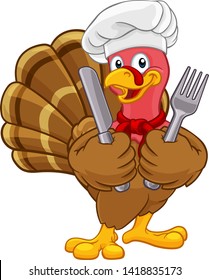 Chef Turkey Thanksgiving or Christmas bird animal cartoon character. Wearing a chefs hat and holding a knife and fork