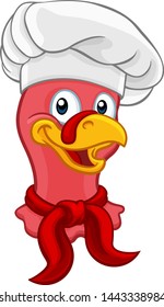 Chef Turkey Thanksgiving Or Christmas Bird Animal Cartoon Character. Wearing A Chefs Hat 