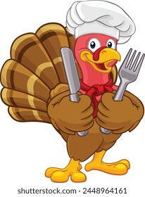 Chef Turkey Thanksgiving or Christmas bird animal cartoon character. Wearing a chefs hat and holding a knife and fork