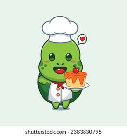Chef turtle cartoon vector with cake. 
Vector cartoon Illustration suitable for poster, brochure, web, mascot, sticker, logo and icon.